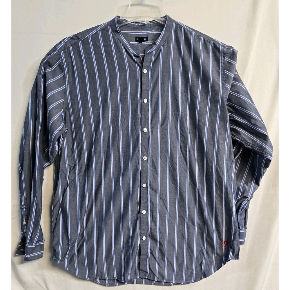 j peterman Men's  Button Up Shirt Long  Blue Striped  L Band Collar
